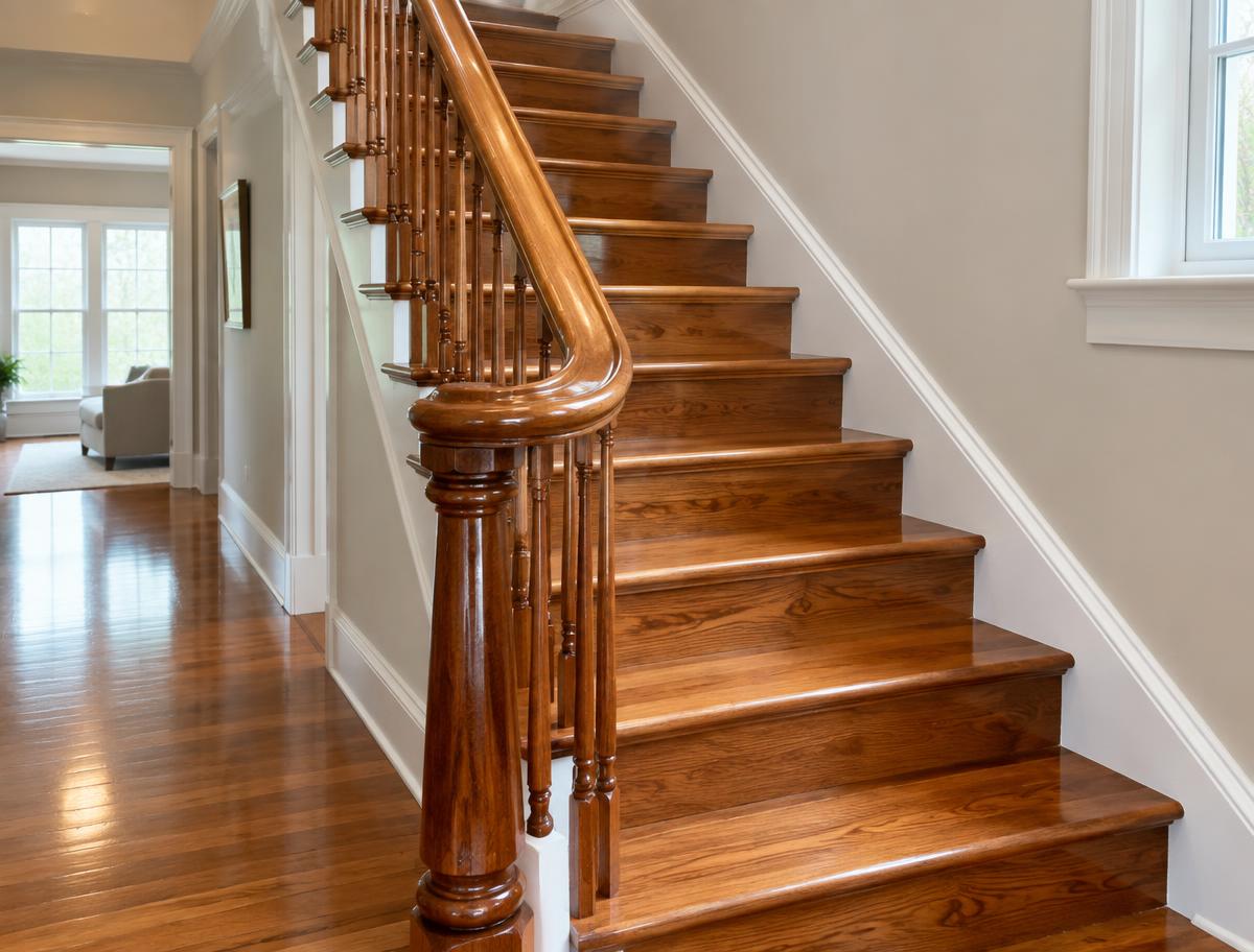 Escalera de madera pulida con baranda